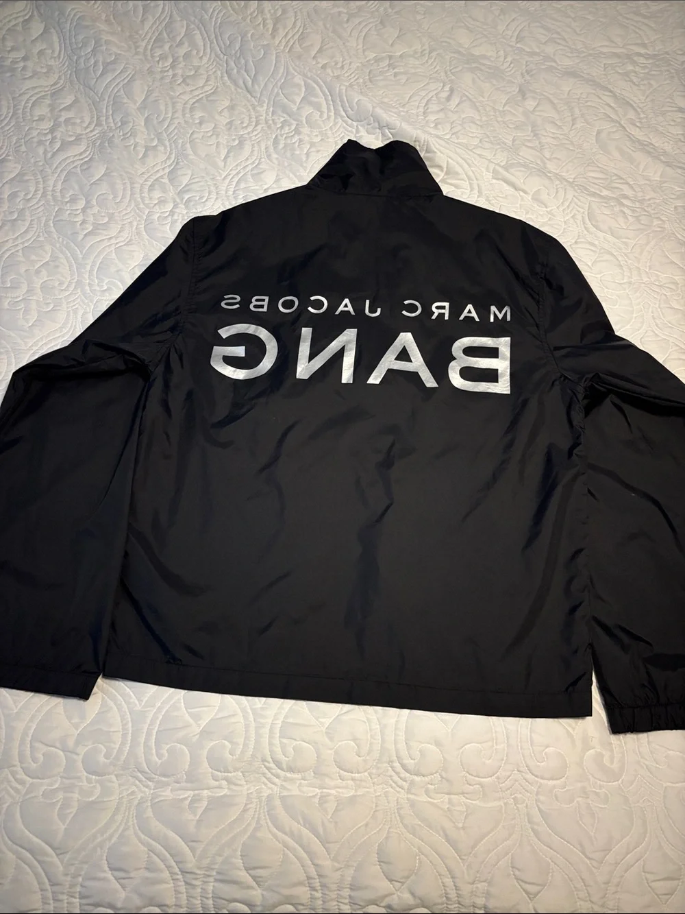 Marc Jacobs Black Windbreaker with Silver 'BANG' Logo Medium